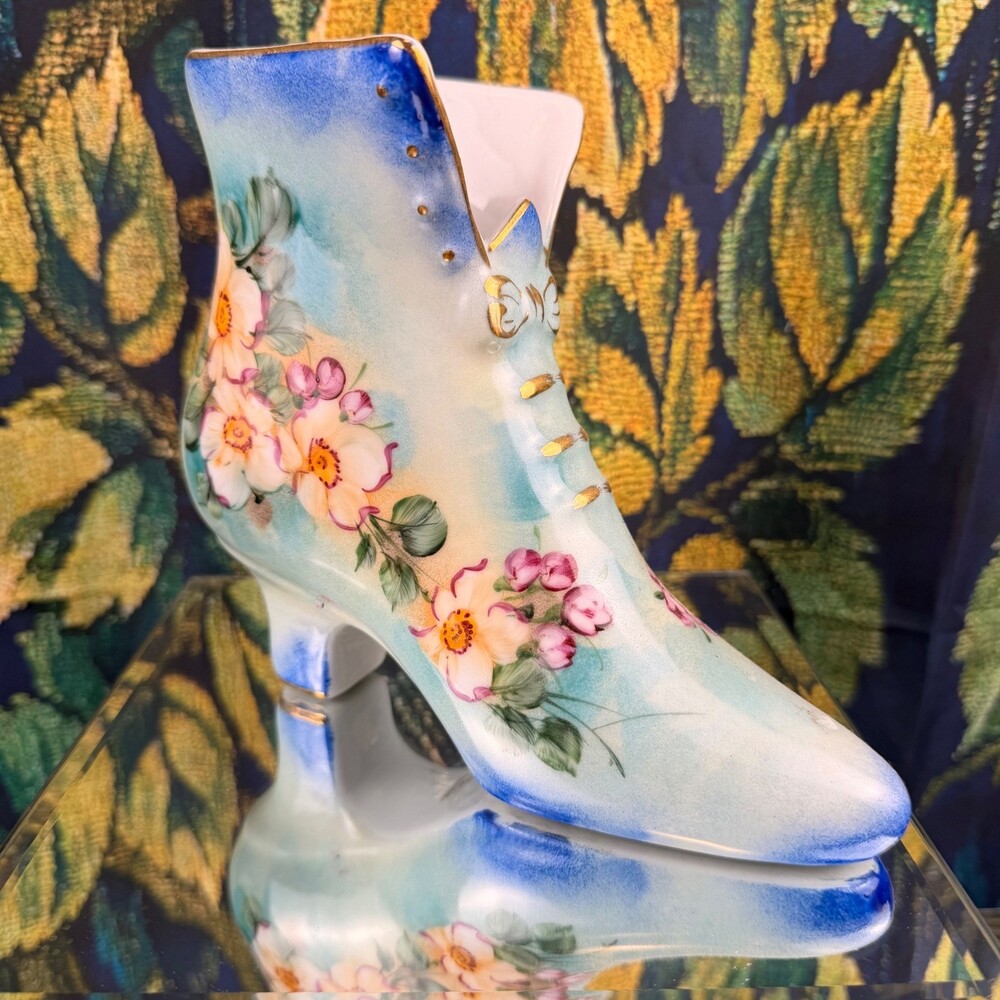 Vintage Hand Painted Porcelain Floral Victorian Boot Figurine Blue Gold Gilt